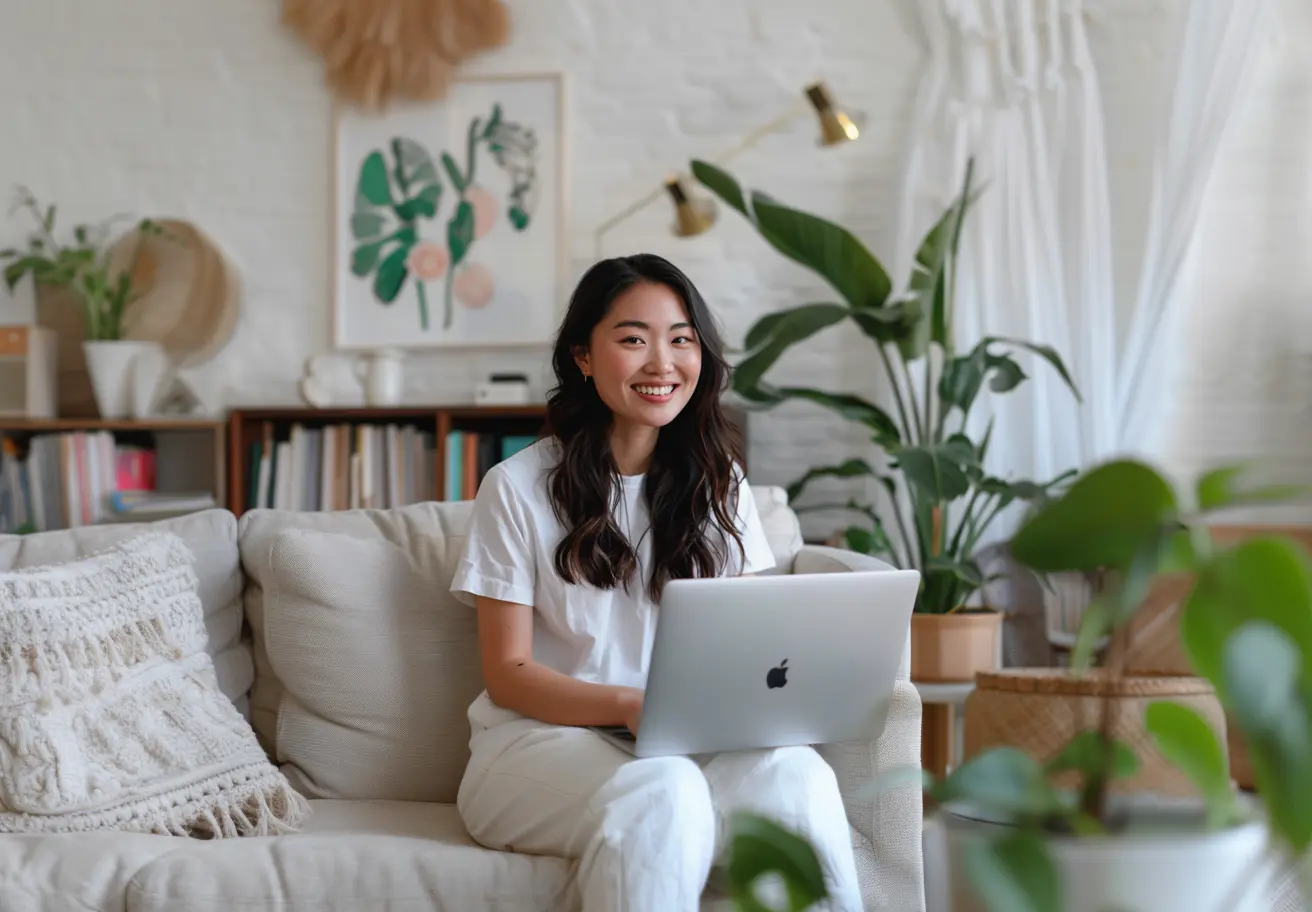 Woman with dark hair sitting in a couch with a laptop in her lap