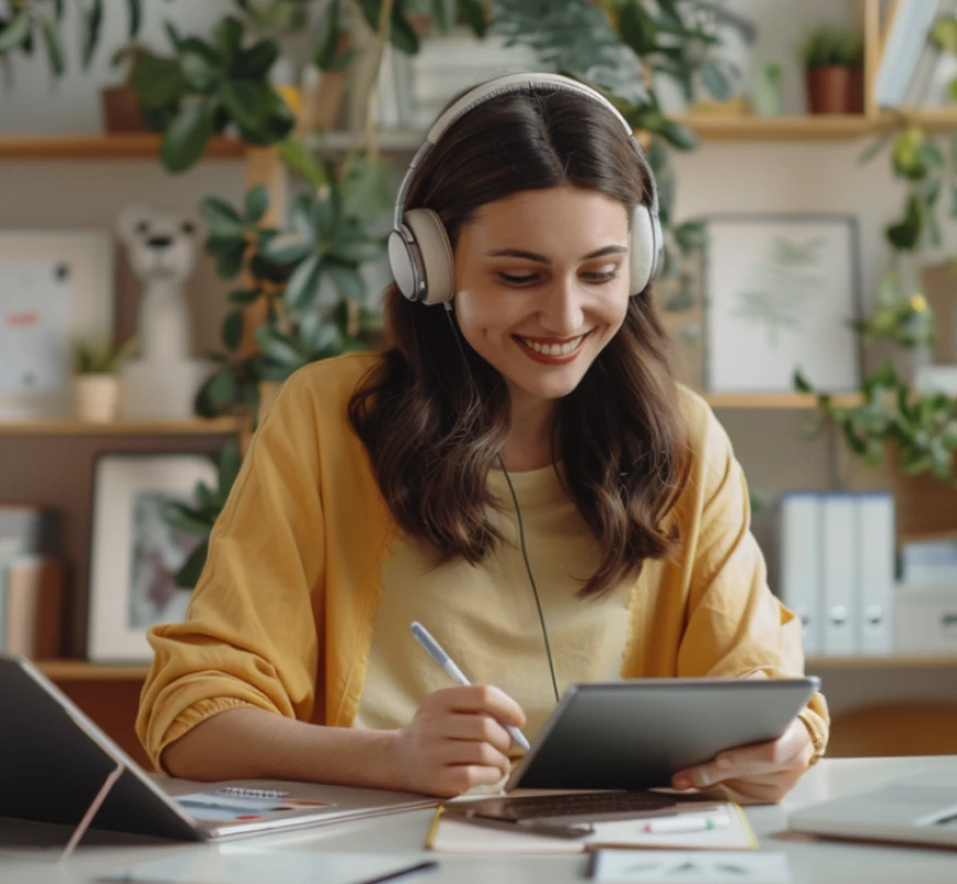 Woman with brown hair sitting at a table, wearing a headset and holding a tablet